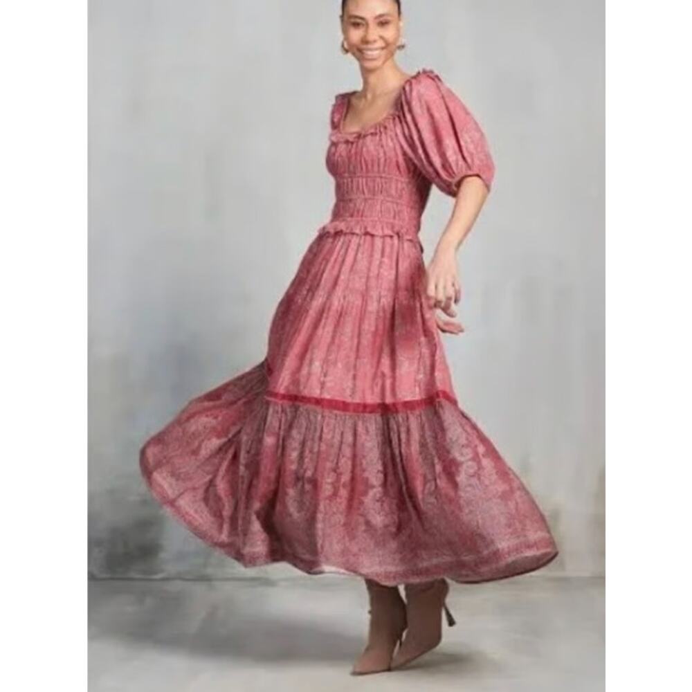 Ro's Garden Percy Baltistan Ruffle Tiered Peasant Dress | Sz S, Pink Cottagecore